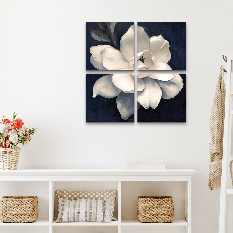 Ensemble de 4 panneaux muraux - Sasha «Night Magnolia», art mural sur toile pour le salon, la chambre à coucher ou le bureau 