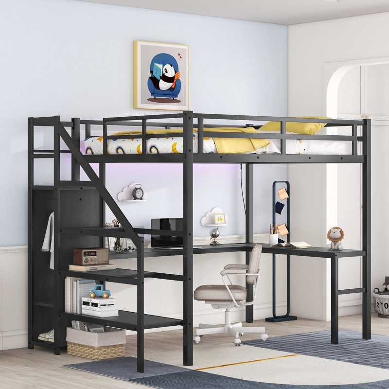 Lit mezzanine avec bureau en L et port USB