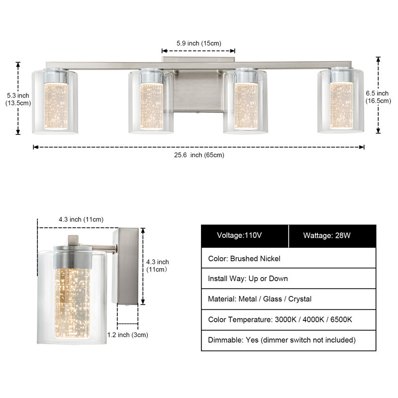 4-Light Brushed Nickel Vanity Light with 3 Color Modes  with Clear Glass Shade, 4, Brushed Nickel