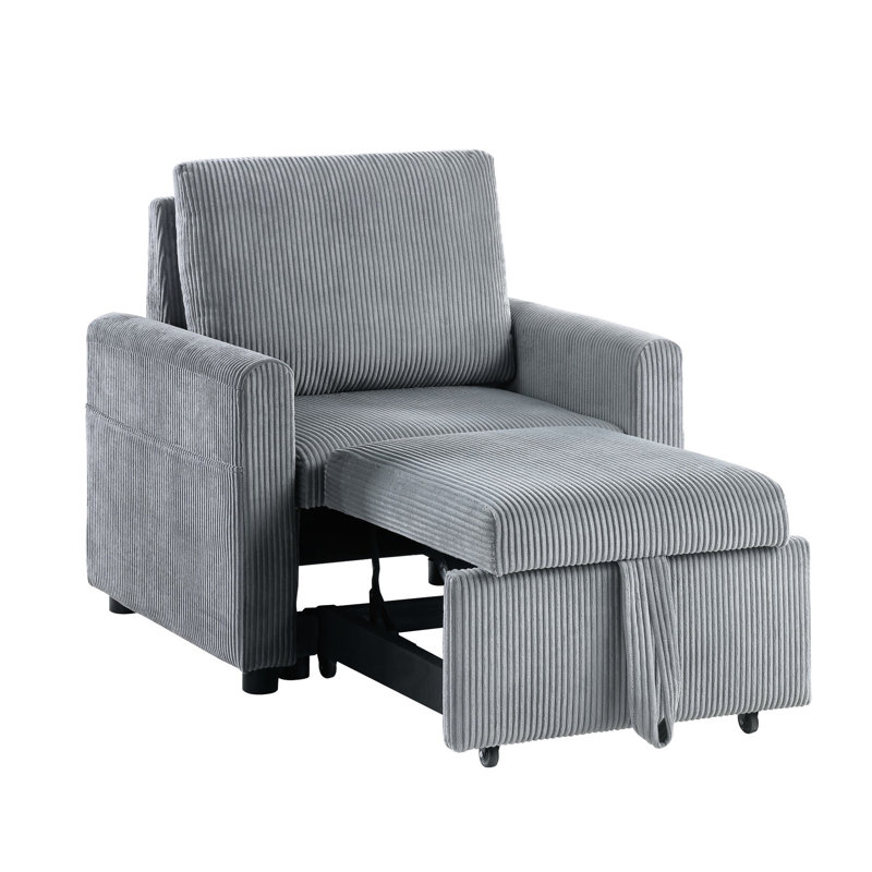 Élégant fauteuil en velours côtelé gris avec méridienne coulissante et poche latérale pour le balcon - une option confortable
