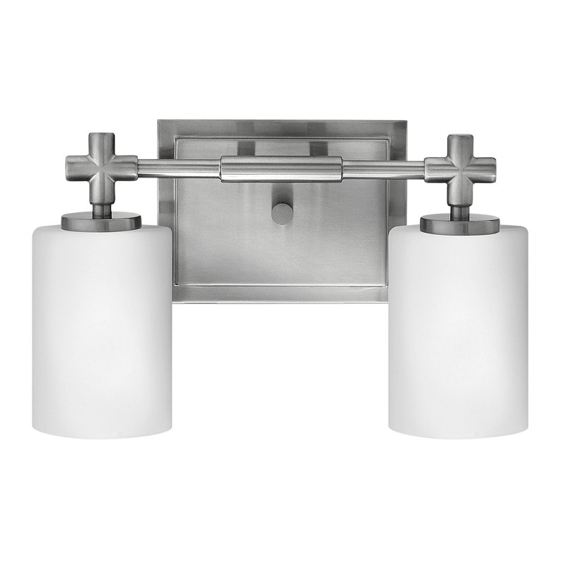 Luminaire pour salle de bain 2 lumières Laurel avec abat-jour cylindrique opale gravé, Nickel brossé