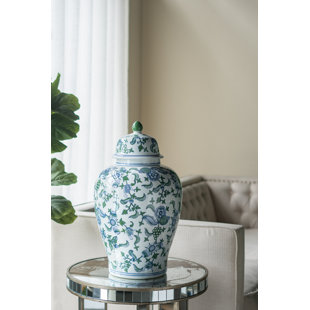 Pot décoratif en gingembre en porcelaine avec motifs de fleurs de cerisier - 13,5 po de diamètre x 23 po - bleu / vert / blanc