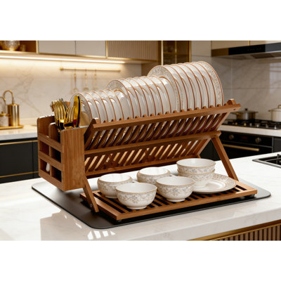 3 Tier Collapsible Wooden Dish Drying Rack With Utensil Holder And Mat
