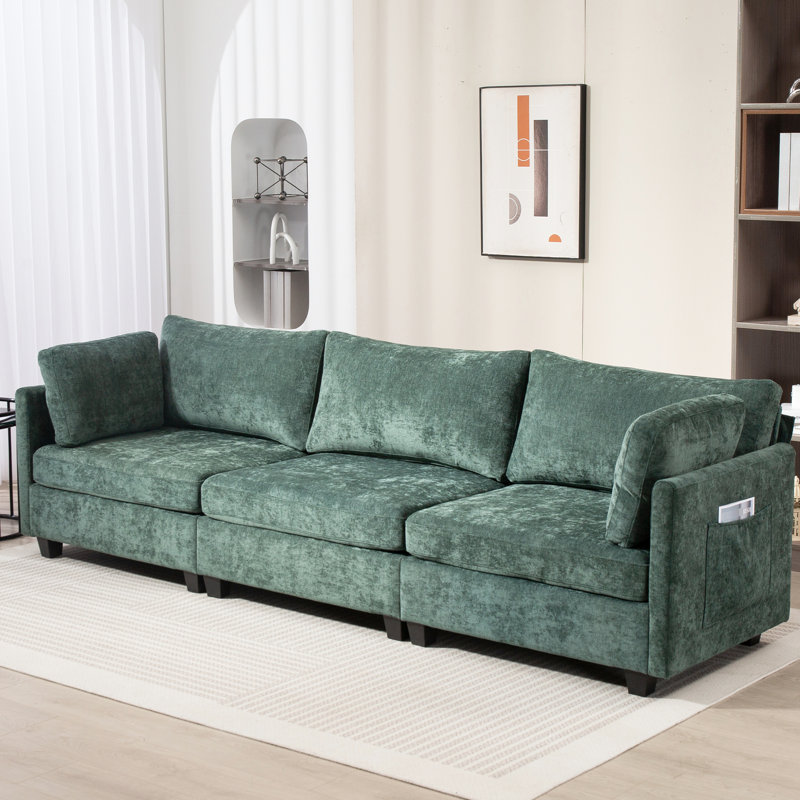 3 canapé en tissu de chenille, 110,32 x 32,55 x 34,02 po, sièges confortables, structure en bois massif, canapé à pochettes latérales faciles d'accès pour appartement, haute éponge, tissu d'ameublement teinté, foncé