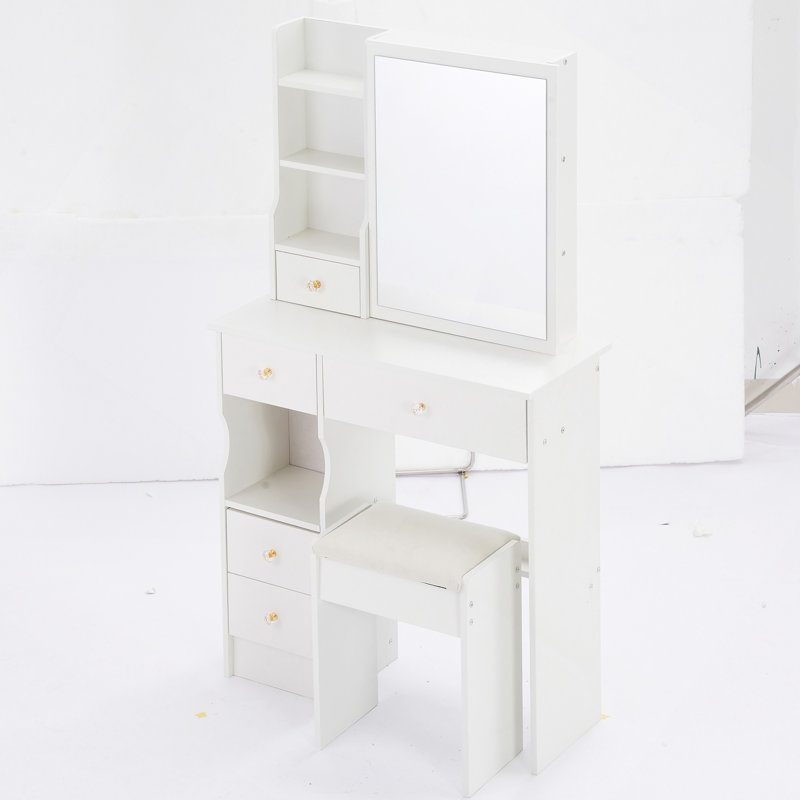 Vanity Desk, 29.2" Small Space Left Drawer Desktop Vanity Table , Cushioned Stool, Extra Large Right Sliding Mirror, Multi Layer High Capacity Storage, Practical Fashionable Dresser, Suitable For Small Space