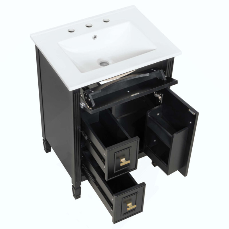 Meuble-lavabo de salle de bain avec lavabo, armoire en bois massif et panneau de fibres à densité moyenne avec un tiroir rabattable, deux tiroirs standard et une tablette réglable, meuble-lavabo autoportant pour le rangement de la salle de bain