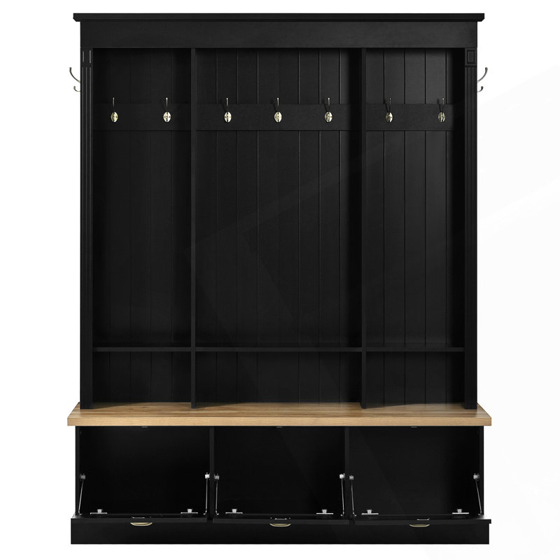 Elegant APP Controlled LED Light Hall Tree With 9 Hooks, Roman Column Design Natural Storage Bench With 3 Large Cabinets, Farmhouse Entryway Organizer With Shelves For Hallway