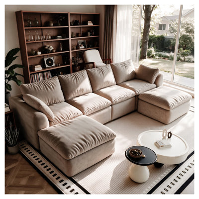 Canapé d'angle modulaire en forme de L de 310 cm (122,1 po) avec double méridienne, assise profonde surdimensionnée, montage sans outil, tissu tissé texturé pour salon, kaki