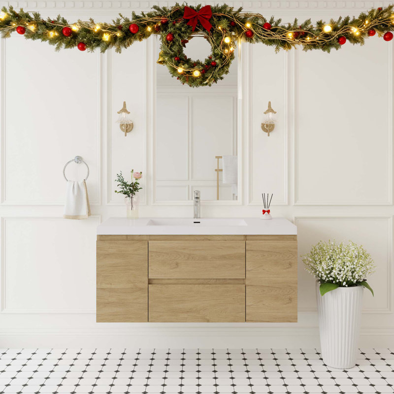 Meuble-lavabo flottant avec lavabo double, Chêne, 48"