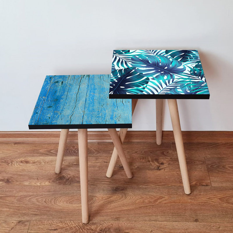 Ensemble de tables gigognes modernes (2 pièces), bleu et blanc, 13,8 x 18,5 x 13,8 pouces | 100% panneau de fibres à densité moyenne avec pieds en bois de hêtre, épaisseur: 0,7 pouce | Conception élégante et fonctionnelle pour le salon et le bureau personnel, compacte et polyvalente
