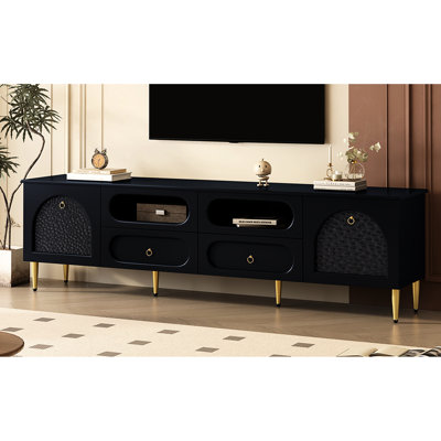 Meuble télé 78,8 po, meuble télé avec 4 tiroirs, 2 armoires, 6 pieds en métal, support rétro noir, pour téléviseur de 80 à 89 po