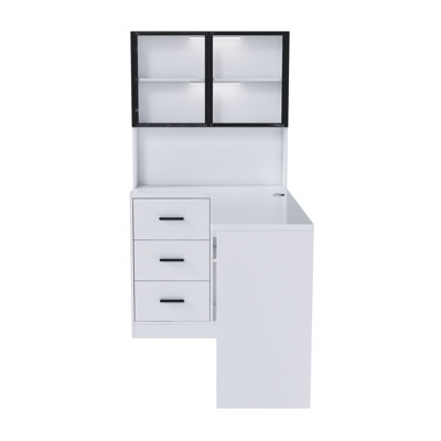 Ivy Bronx 47'' L-Shaped Computer Desk with LED Lighted Glass Hutch, 62'' High Corner Office Desk with 3 Drawers and Integrated Power Outlet