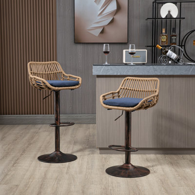 Modern Swivel Bar Stools Set Of 2 Adjustable Counter Height Chairs With Footrest For Kitchen, Dining Room (Blue)
