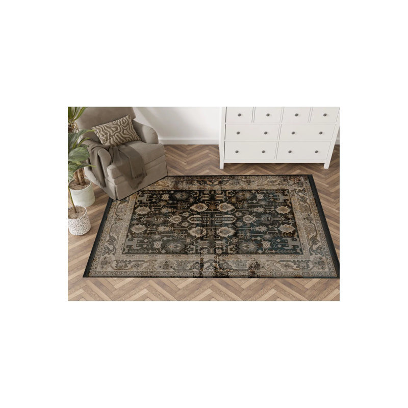 Tapis décoratif rétro multicolore à motifs foncés, Rectangle 4 pi 7,12 po x 6 pi 6,74 po