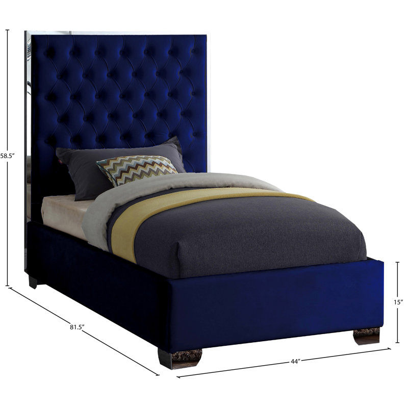 Spadaro Upholstered Platform Bed, Navy Velvet, Silver, Twin
