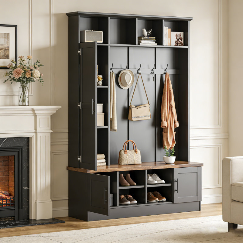 Versatile 3-In-1 Hall Tree With 6 Hooks,Farmhouse Walnut Storage Bench With Adjustable Shelves And Cabinets,Entryway Coat Rack