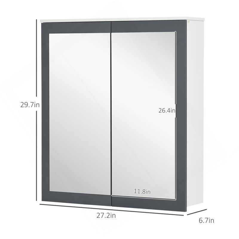 Armoire à pharmacie avec miroir Kleankin, armoire de salle de bain murale avec miroir 27 po x 30 po, armoire de salle de bain murale avec rangement, portes doubles et 2 tablettes réglables, blanc