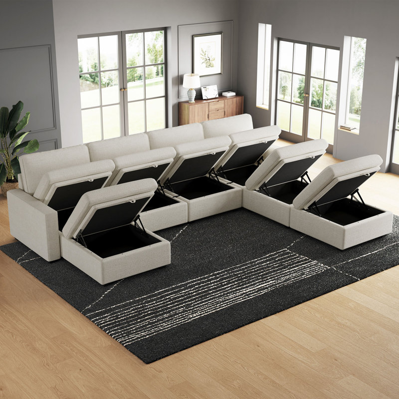 Wide U Shaped Sofa Storage Couch With Ottoman Chaise, Sectional Modular Sofa Livingroom Apartment Couch, Beige Chenille