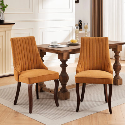 2 chaises de salle à manger, tissu d'ameublement en rayonne jaune, pieds en bois massif et courbés avec courbe, chaises de salle à manger de style américain 2 pièces, revêtement en lin, haut pour plus de confort, coussin rembourré en éponge