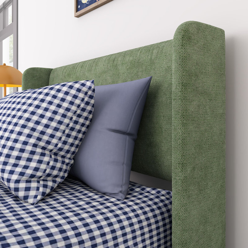 Lit à panneau tapissier en bois massif avec tête de lit rectangulaire, Simple, Vert