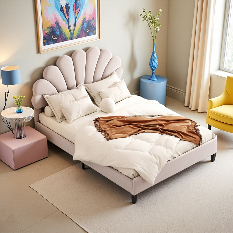 Lit plateforme tapissier à motif floral, Lit double , Blanc