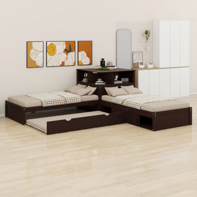 Élégant lit en forme de L avec bureau intégré, tablettes de rangement, lit gigogne et lumières DEL