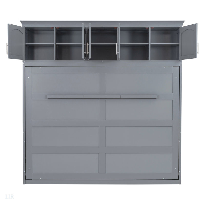 Murphy Bed Wall Bed With Top Cabinets, Bed Frame, Gray, Full/Double