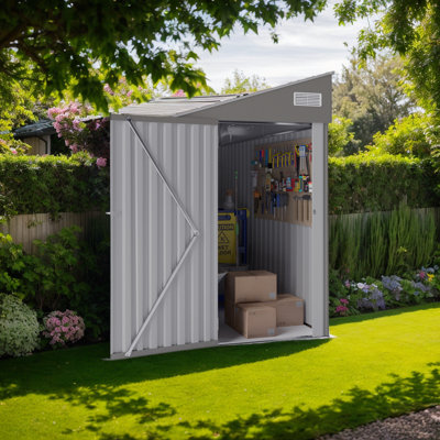 Remise de rangement en fer avec porte à charnière simple, toit incliné et fenêtres de ventilation
