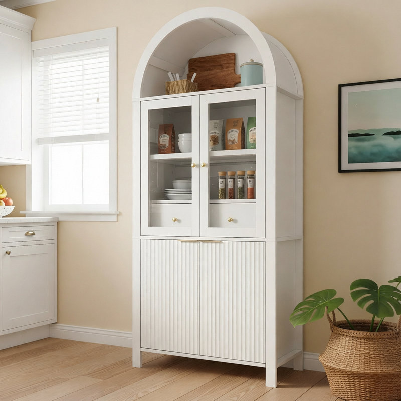 Grand garde-manger arqué cannelé de 71 po avec tablettes réglables, rangement élégant avec tiroir caché et porte vitrée pour la cuisine, le salon, la salle à manger, blanc