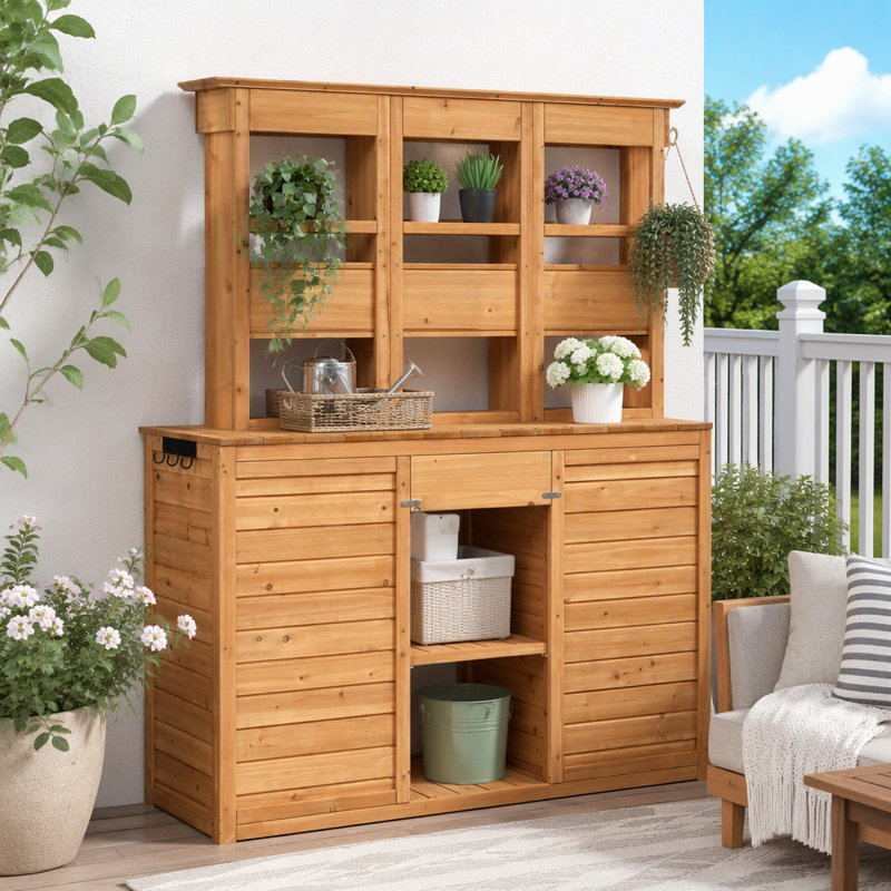 Banc de jardinage haut de 65,7 po avec 6 tiroirs et 3 tablettes, Natural