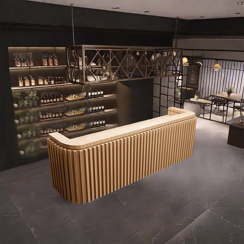 70.87-Inch Rustic Front Desk and Bar Counter with Storage and Wine Rack for Bars and Reception, Burlywood
