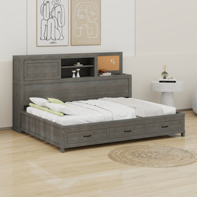 Lit de jour en bois avec 3 tiroirs de rangement, tableau souple supérieur, tablette et ensemble de prises et ports USB