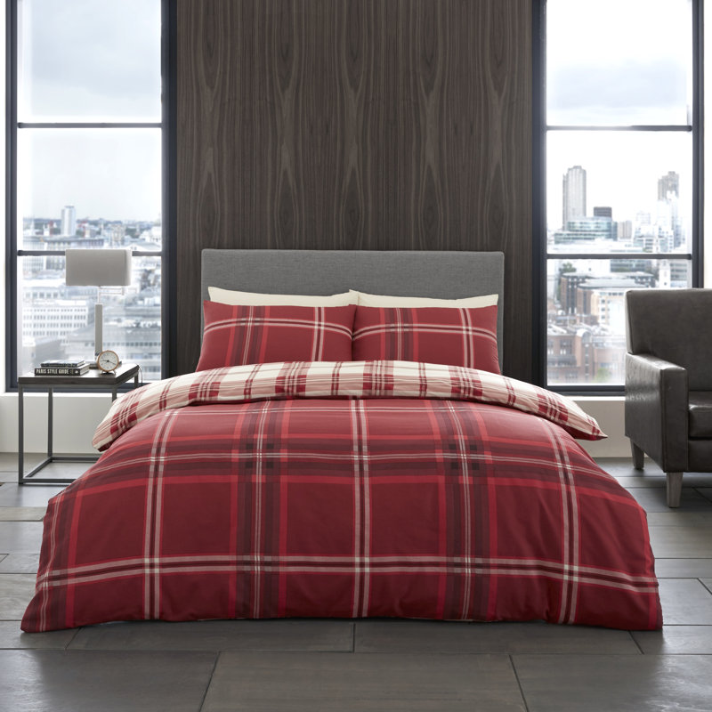Soft Checked Duvet Cover Set with Pillowcases, Polycotton, Light weight Bedding, Single, Red