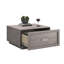 Table basse grise avec tiroir coulissant lisse et tablette ouverte, design moderne pour les salons, gris moyen compact avec un rangement spacieux, ajout élégant aux espaces, simple