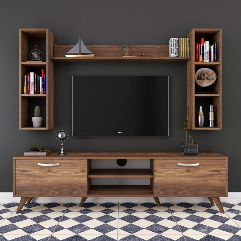 Meuble télé moderne avec tablettes murales en noyer moderne de 71,0 po x 19,1 po x 13,8 po | 100% panneau de particules enduit de mélamine, épaisseur: 0,7 pouce | Comprend de nombreuses tablettes, un rangement supplémentaire et une conception murale pour une organisation élégante du salon