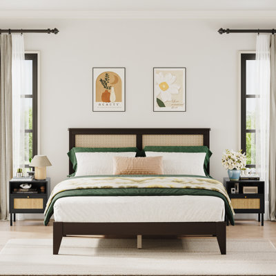 Queen Size Boho Solid Wood Platform Bed with Rattan Headboard,  Coastal Bedroom Furniture