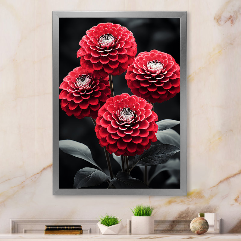 «Red Grey Zinnias Zestful I», reproduction d'art sur toile, H 44 po x l 34 po x P 1,5 po, Cadre simple argenté