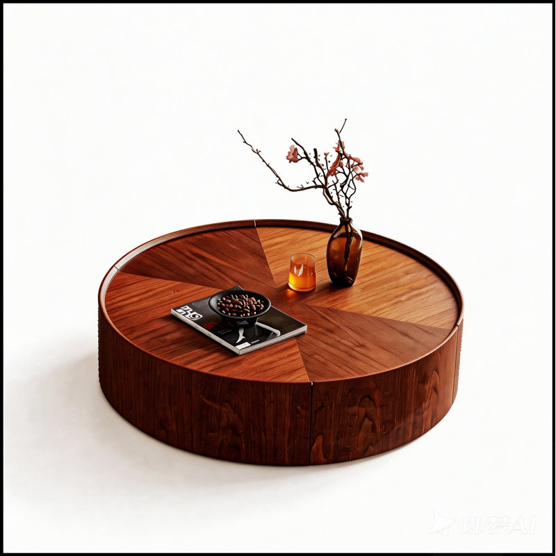 Table basse ronde en noyer de 90 cm de diamètre, idéale pour les salons, les chambres et les bureaux, design polyvalent et élégant.