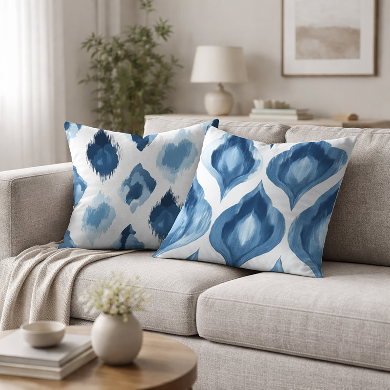 Coussin décoratif moderne à imprimé ikat bleu et blanc, H 16 po x l 16 po