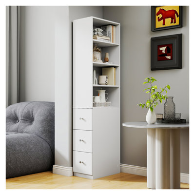 Armoire de rangement moderne blanche H 70,87 po avec tablette à 4 niveaux et 3 tiroirs latéraux - Bibliothèque décorative pour le bureau à domicile