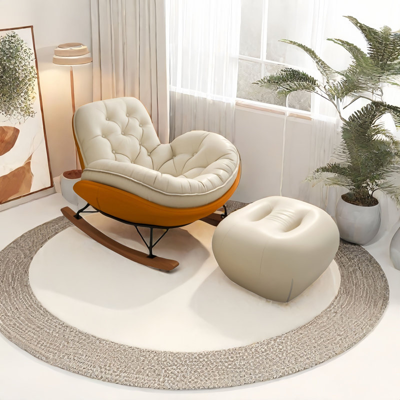 Chaise berçante moderne avec repose-pieds, Blanc cassé; orange