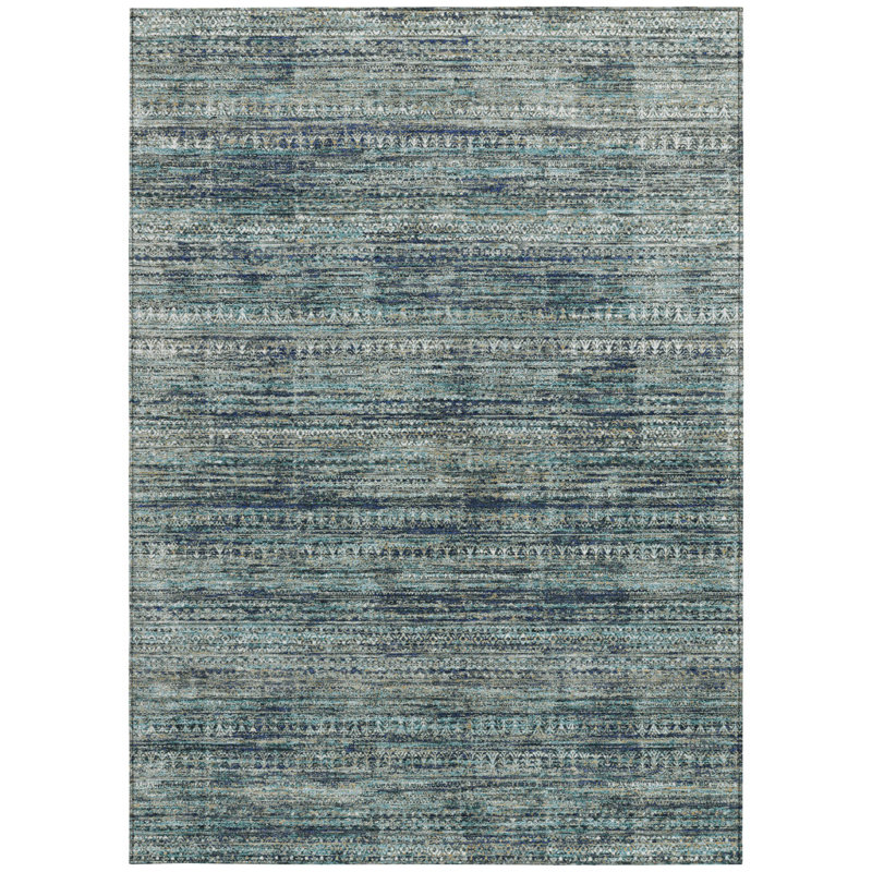 3' X 5' Teal Blue And Ivory Striped Washable Indoor Outdoor Area Rug