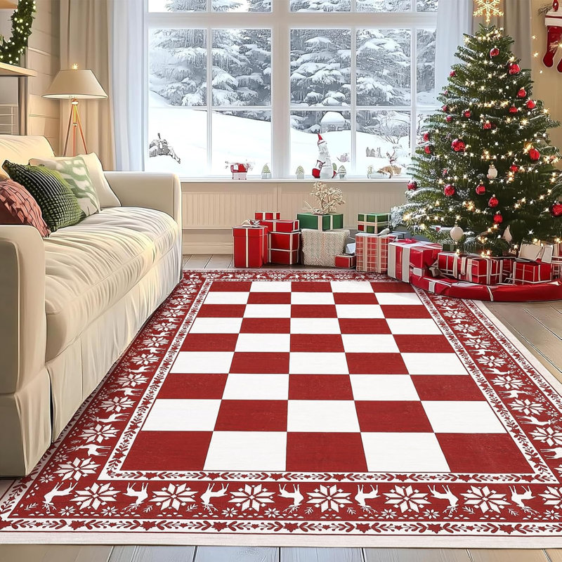 5x7 Checkered Christmas Area Rug, Washable Non Slip Low Pile Rug for Dining Room, Red, Red, Rectangle 5' x 7'