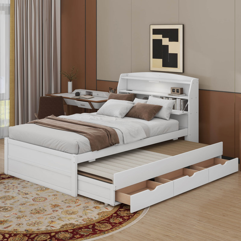 Lit plateforme en bois à DEL avec tiroirs, tête de lit et lit gigogne, Lit double, Gris