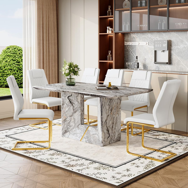 63" Dining Table Set For 6, Modern Dining Room Table Set With Wood Table & Ergonomic Chairs, 7 Pieces: Table, 6 Chairs, White
