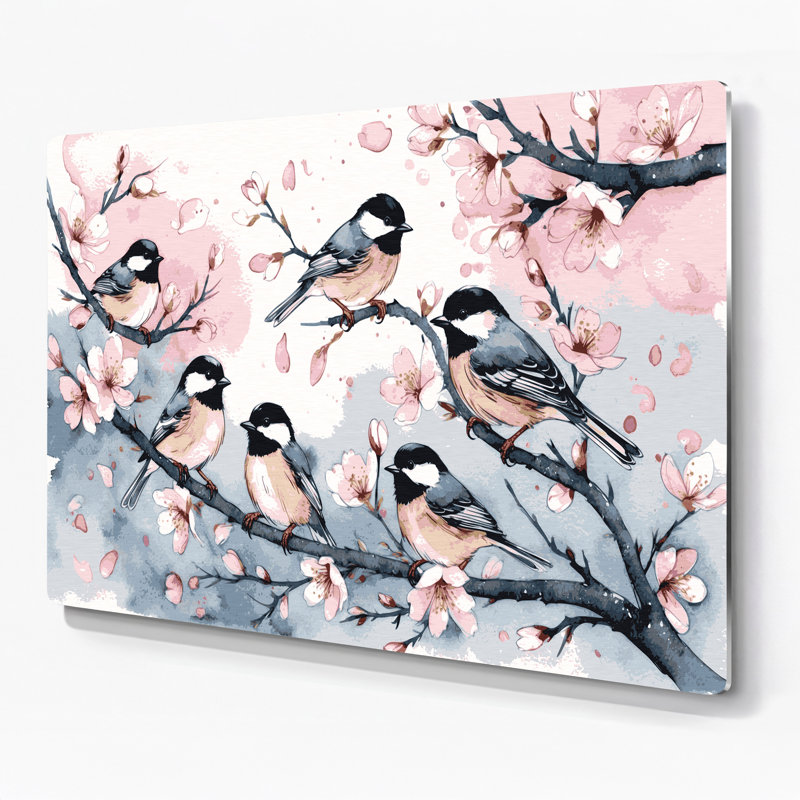 Oiseaux, art mural en métal beige avec mésange, H 20 po x l 24 po