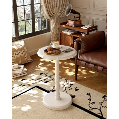 Table d'appoint à piédestal 100% bois massif, table de bout ronde vintage pour le salon et la chambre à coucher, table de chevet d'appoint, blanc