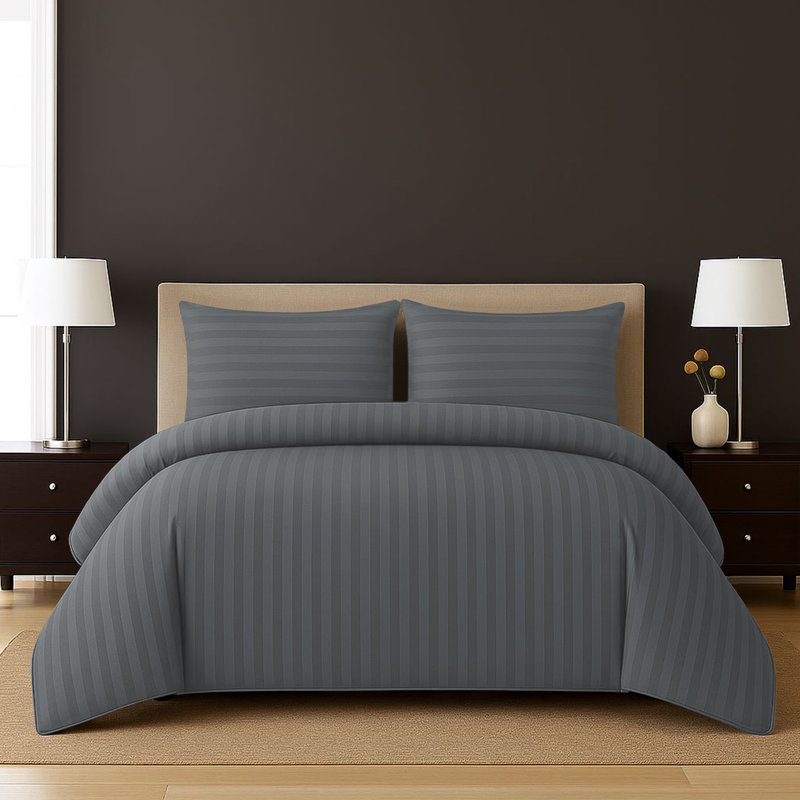 Haffa Microfiber Striped Duvet Cover Set with Pillowcases, Grey, Double Duvet Cover + 2 Standard Pillowcases