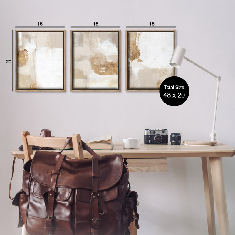 Ensemble de 3 toiles flottantes encadrées Beige Modern Abstraction par Ros Ruseva, Cadre flottant orme Montalcino