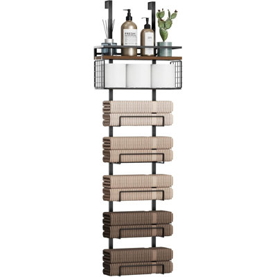 The Towel Rack Behind The Bathroom Door Is A Towel Storage And Organizing Stand, Equipped With A Metal Basket. It Is Suitable For Bathrooms, Campers, And Recreational Vehicles (7 Layers, Black With Brown Wooden Boards)